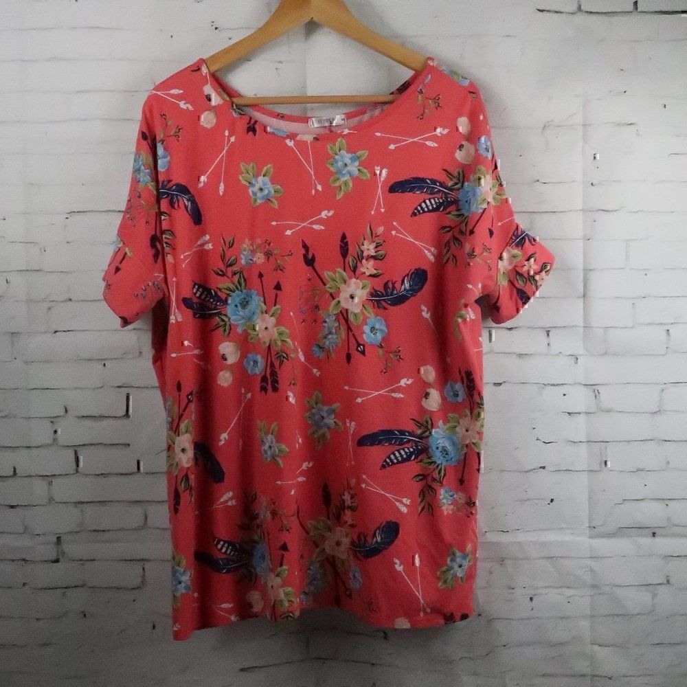 HONEY LACE PINK FLORAL SHORT SLEEVE ROUND NECK TUNIC TOP SIZE MEDIUM